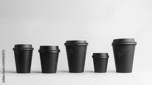 Different-sized takeaway coffee cups with black coffee, arranged on white background. Clean, professional layout