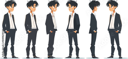 Young businessman character for animation different poses and emotions corporate office worker in formal wear full length isolated on white background illustration