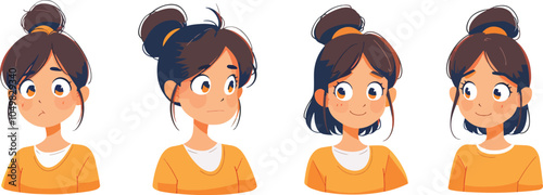 Set Of Cute Girl Character Different Facial Expressions And Emotions Curious Surprised Thinking Happy Smiling Avatar Icon Design Concept Isolated Cartoon Vector Illustration