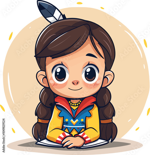 Cute Indigenous American Girl Cartoon Character Traditional Clothing Braids Feather Headdress Smiling Happy Illustration Children Kids Culture Heritage Tribal Native American History People