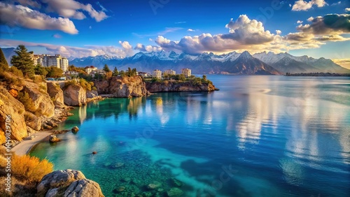 Fototapeta Naklejka Na Ścianę i Meble -  Minimalist winter photography captures Antalya Bay's colorful chill.