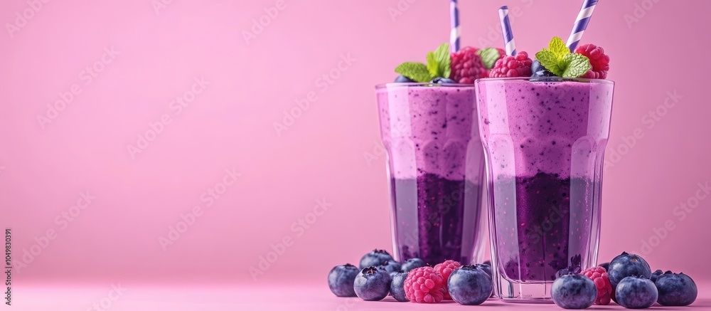 Glasses of fresh blueberry smoothie garnished with mint and berries on a pink background. with copy space image. Place for adding text or design Glasses of fresh blueberry smoothie garnished with mint and berries on a pink background. with copy space image. Place for adding text or design