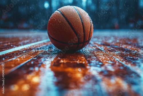 A drenched basketball resting on a wooden court during a rain shower at dusk photo