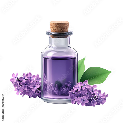 Oil Lilac Serum in Glass Bottle with Fresh Lilac Flowers on White Background