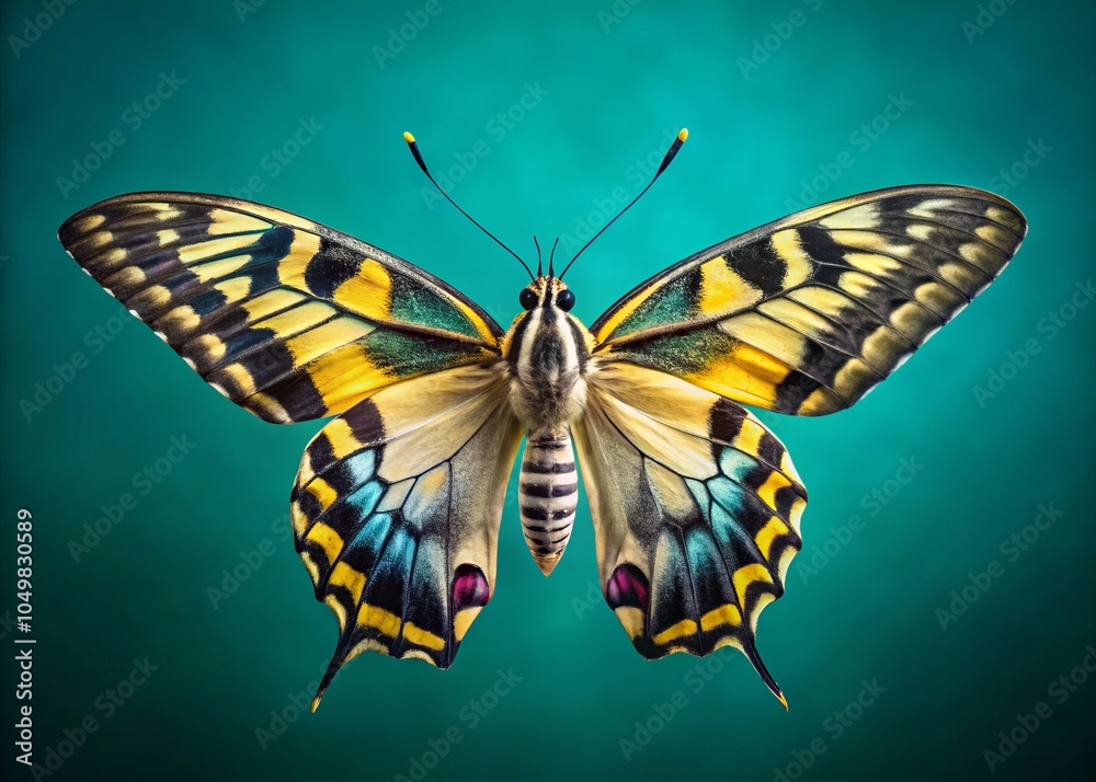 Obraz premium Moth Portrait on Teal Background - Stunning Swallowtail with Black and Yellow Wings in Macro Detail, Insect Beauty, Nature's Artwork, Flying Lepidoptera