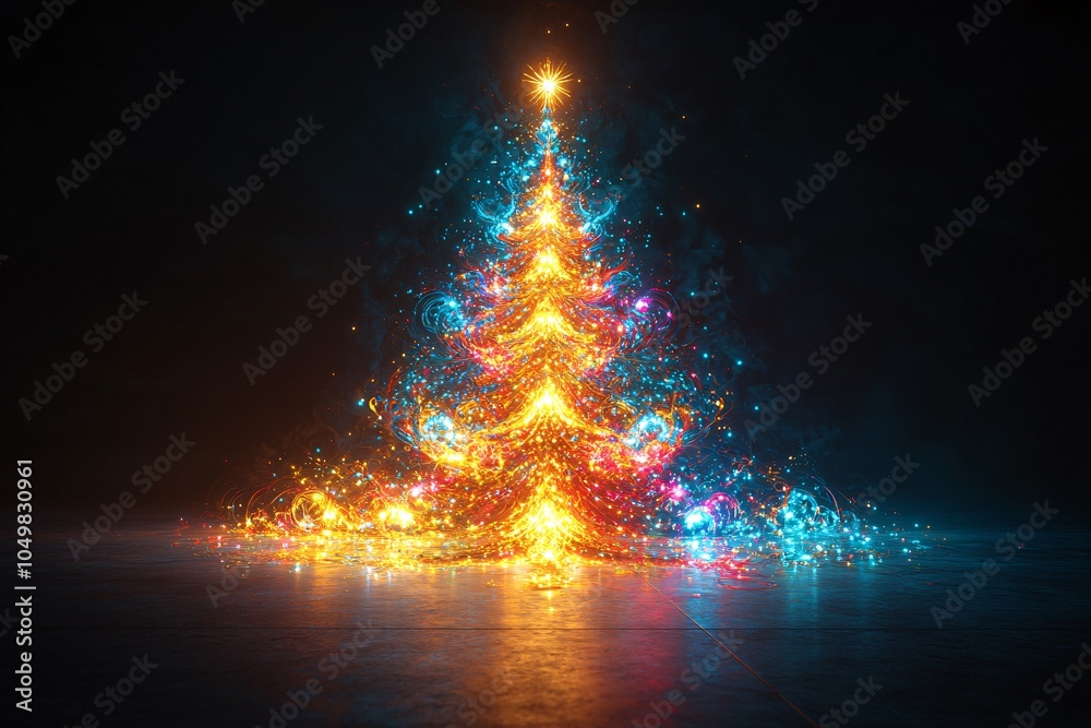 Abstract Glowing Christmas Tree with Blue and Orange Lights
