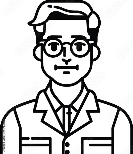 Black and white line art illustration of a young male professional wearing glasses business attire avatar icon profile picture