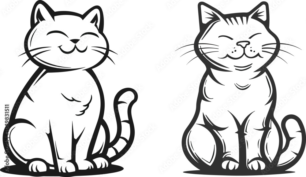 Obraz premium Two happy cartoon cats one outline and one solid black mascot logo design elements isolated on white background for pet shop veterinary clinic or animal shelter branding and identity