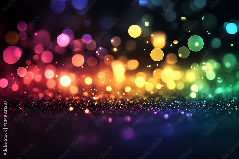 Fototapeta premium Abstract rainbow bokeh lights on a black glitter background.