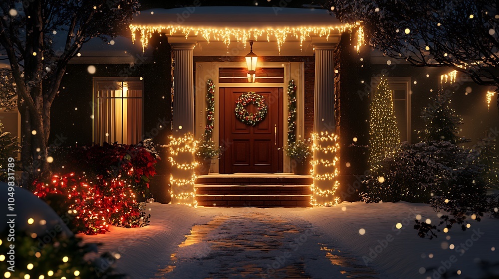 Obraz premium A beautifully lit home with Christmas lights wrapped around the pillars, snow covering the ground, and a wreath on the door.
