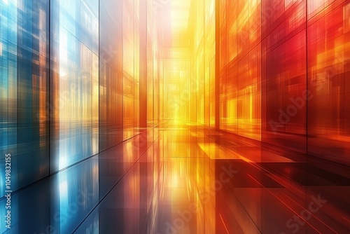 Abstract corridor of vibrant colors with reflective surfaces creating a mesmerizing effect