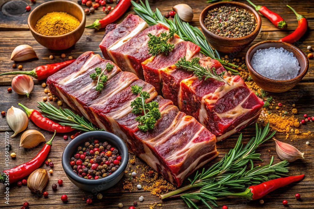 Fototapeta premium Tantalizing beef ribs encircled by a medley of colorful spices and fresh herbs, eagerly awaiting their turn to sizzle on the grill.