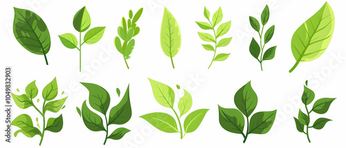 Set of simple vector icons for leaves, flat design, white background, green color, vector graphics,