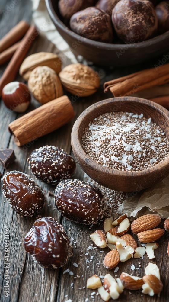 Rustic arrangement of chia-coated dates, mixed nuts, and cinnamon sticks on a wooden surface, highlighting natural ingredients. Rustic arrangement of chia-coated dates, mixed nuts, and cinnamon sticks on a wooden surface, highlighting natural ingredients.