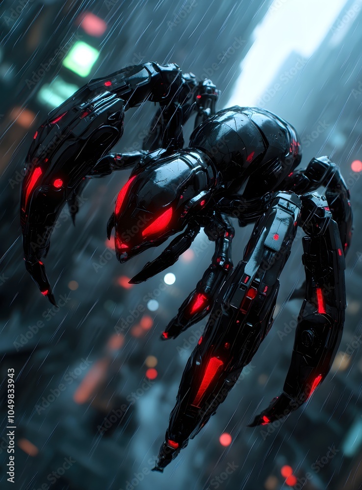 Fototapeta premium Giant Metal Spider in Urban Rainy Landscape