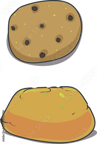 A flat cookie with chocolate chips and a plump gingerbread with cracks.