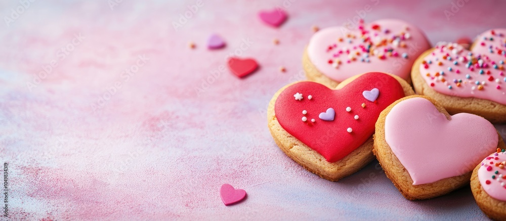 Fototapeta premium Valentine s Day heart shaped cookies on a colorful background. with copy space image. Place for adding text or design