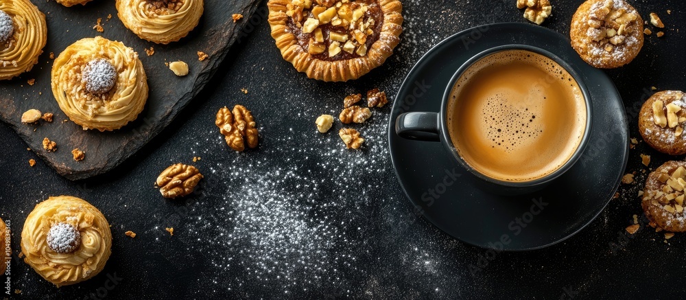Breakfast setting featuring sweets and pastries with nuts on a black background along with a coffee cup and patties. with copy space image. Place for adding text or design Breakfast setting featuring sweets and pastries with nuts on a black background along with a coffee cup and patties. with copy space image. Place for adding text or design