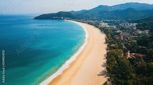 An aerial view of Patong Beach in Phuket, with its golden sands and clear turquoise waters.