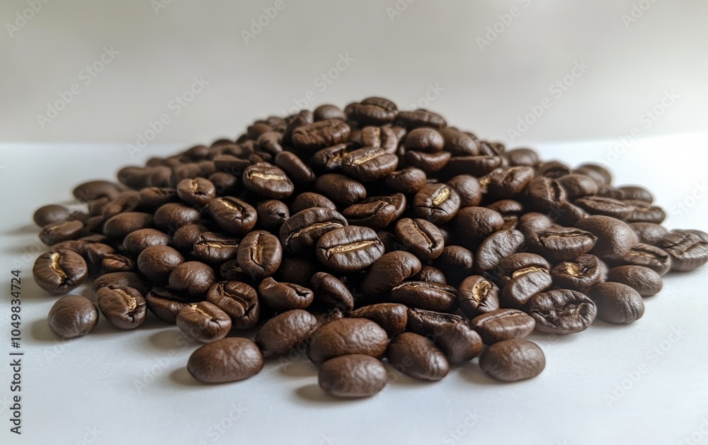 Fototapeta premium Coffee Beans: A small pile of roasted coffee beans, capturing their rich texture and color on a white background 