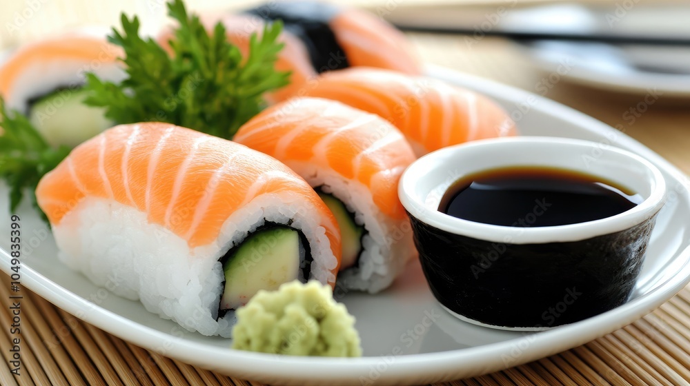 Fresh Sushi with Salmon and Wasabi on Plate Fresh Sushi with Salmon and Wasabi on Plate