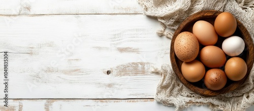 Fresh farm eggs on a rustic...