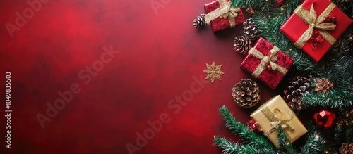 Christmas background featuring a Christmas tree New Year gifts and holiday decorations for winter. with copy space image. Place for adding text or design photo