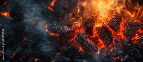 Logs smoldering in a bright fire up close A moody background featuring a campfire flame An incredibly detailed image of a bonfire from within including copy space A swirling mix of smoke and glowin