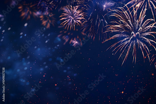 Fireworks display on a dark blue sky background, a New Year celebration concept.