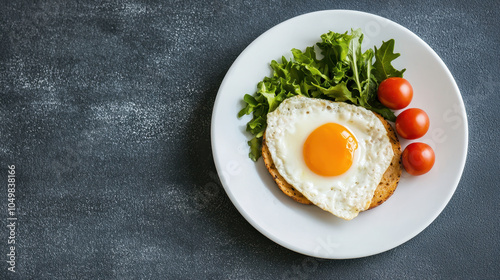 healthy plate featuring fried egg on toasted base, accompanied by fresh lettuce and cherry tomatoes, perfect for nutritious meal photo