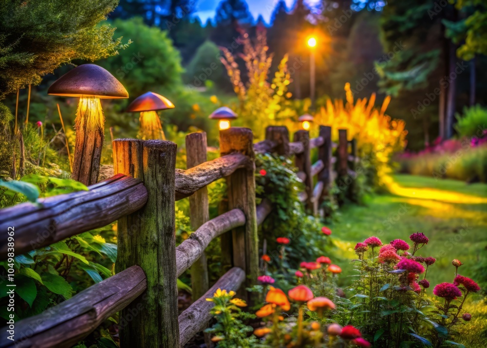 Rustic Wooden Fence Surrounded by Lush Greenery and Mushrooms in a Natural Garden Scene Rustic Wooden Fence Surrounded by Lush Greenery and Mushrooms in a Natural Garden Scene