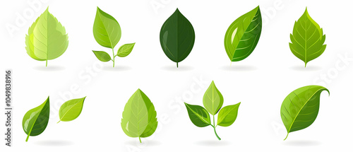 Green leaf icons set, vector illustration on a white background, simple flat design