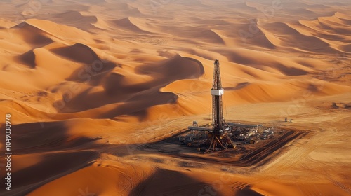 An oil drilling operation in the middle of a vast desert, with sand dunes all around.