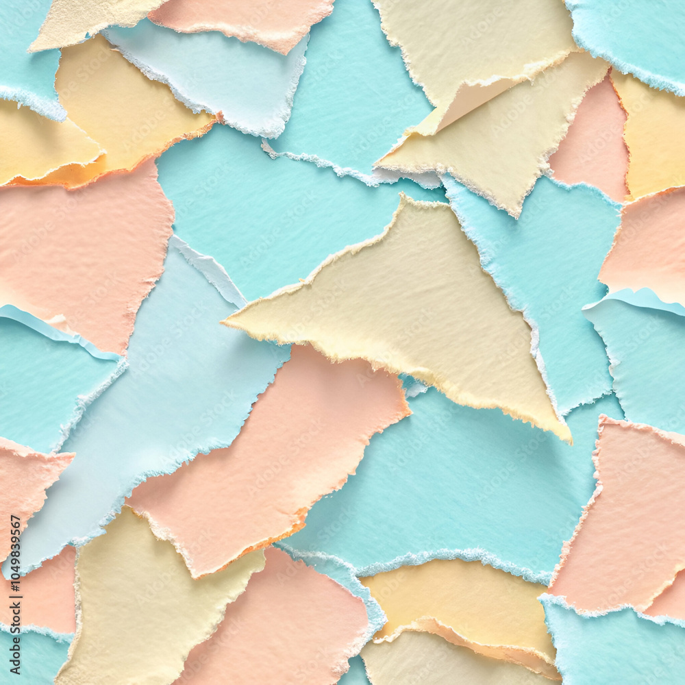 Fototapeta premium texture.A seamless background featuring overlapping torn pieces of pastel paper in hues of baby blue, peach, and soft yellow, with jagged edges and subtle textures.