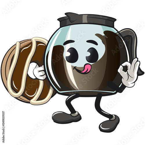 cool glass coffee pot cartoon mascot character vector illustration holding a chocolate donut while giving an okay sign with the other hand, work of hand drawn