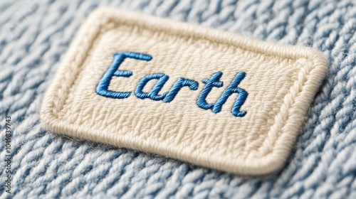 A close-up of a textured fabric patch featuring the word 