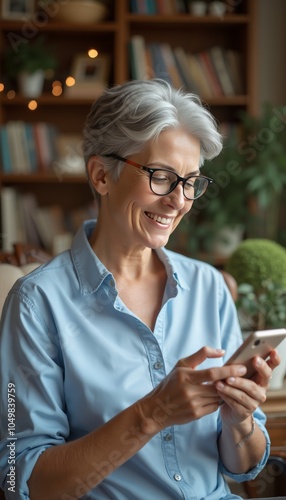 Middle-aged Woman with Glasses Smiling While Using Smartphone Indoors