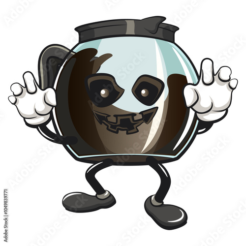 cool glass coffee pot cartoon mascot character vector illustration become a scary halloween character, work of hand drawn