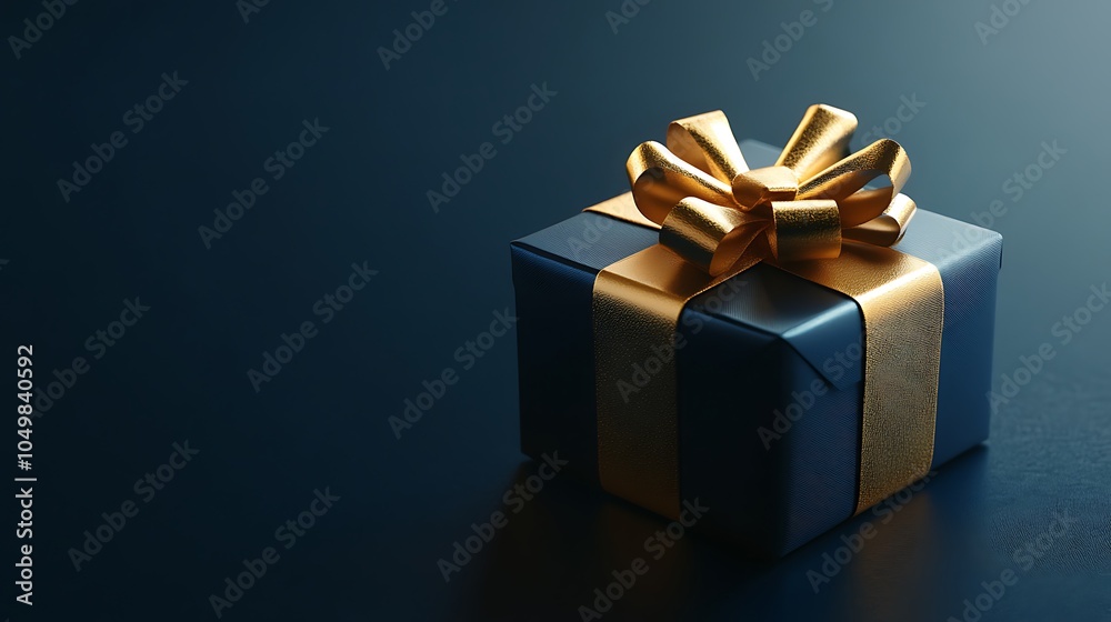 A gift box with a metallic gold ribbon and bow, set on a dark blue background with subtle lighting.