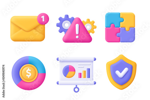 Envelope, gear, puzzle, diagram, chart, whiteboard, shield. Business 3d vector icon set. Cartoon minimal style.