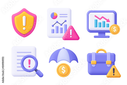 Business risk and risk management 3d vector icon set. Shield, chart, briefcase, umbrella, coin, file. Cartoon minimal style.