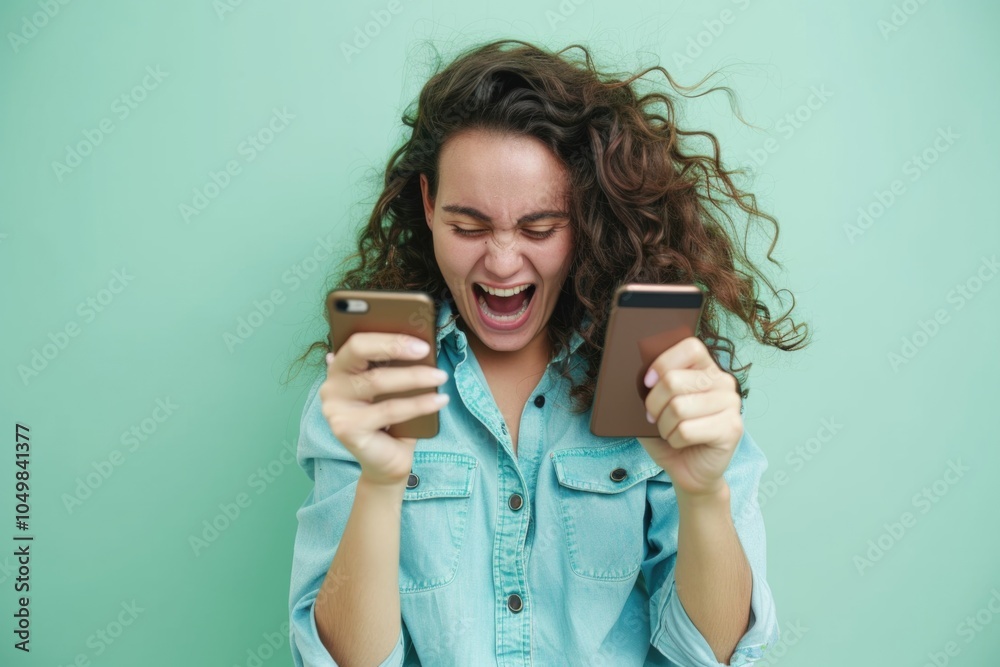 A young woman smiling and gazing at her mobile device, possibly entertained or engaged A young woman smiling and gazing at her mobile device, possibly entertained or engaged