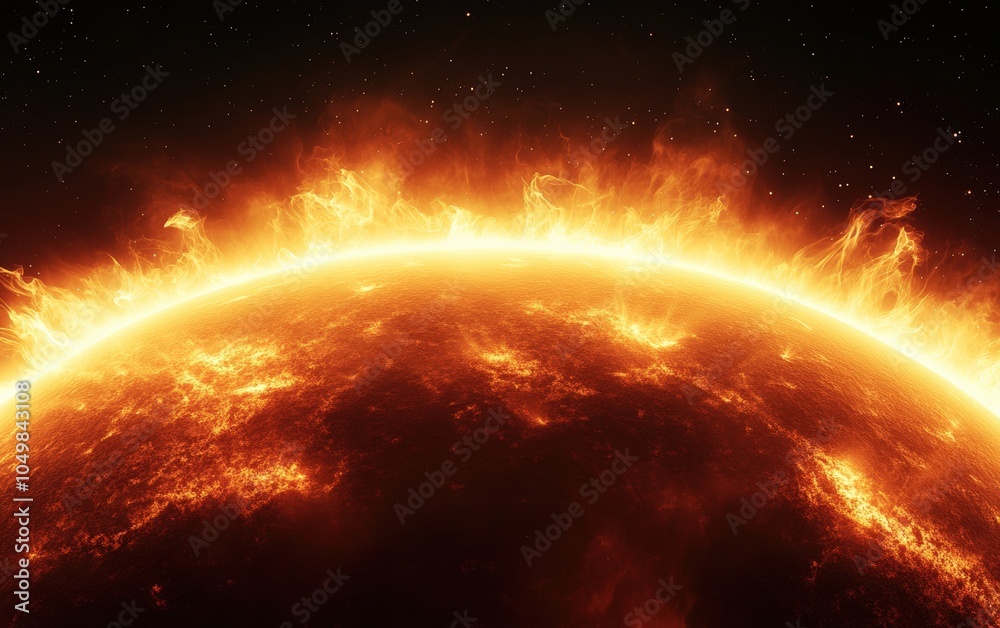 Fototapeta premium Close-up image of the sun with intense golden flares and glowing surface details, capturing the solar texture and dynamic eruptions of plasma on the sun's corona 