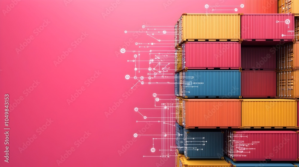 Obraz premium Stacked Cargo Containers in Digital Global Logistics Network