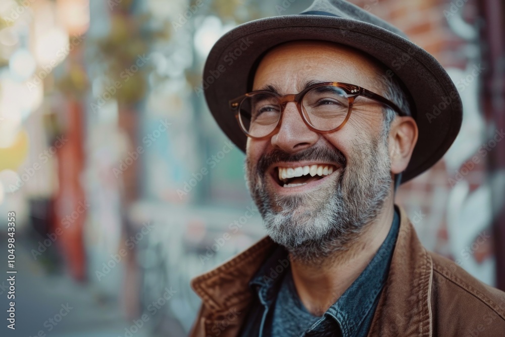 A person wearing a hat and glasses smiling, great for illustrations or editorial use A person wearing a hat and glasses smiling, great for illustrations or editorial use