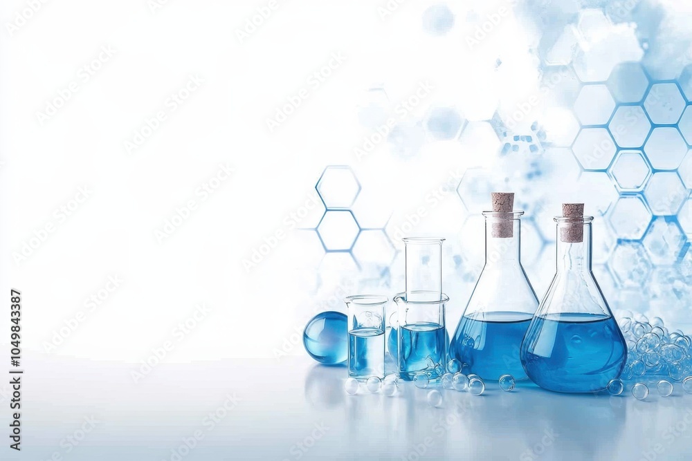 Laboratory setup with blue liquids in glassware on a light background for scientific research Laboratory setup with blue liquids in glassware on a light background for scientific research