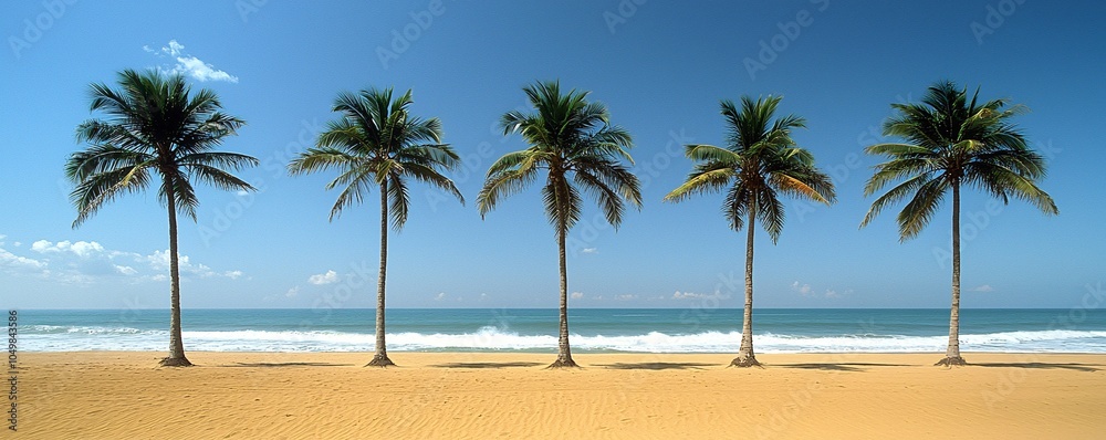 Obraz premium Tropical Beach Scene with Palm Trees Blue Sky and Ocean Waves