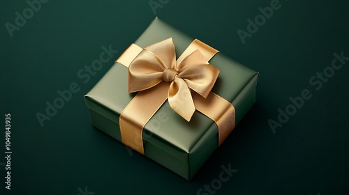 A luxury gift box with a satin gold ribbon and bow, elegantly placed on a dark green background.