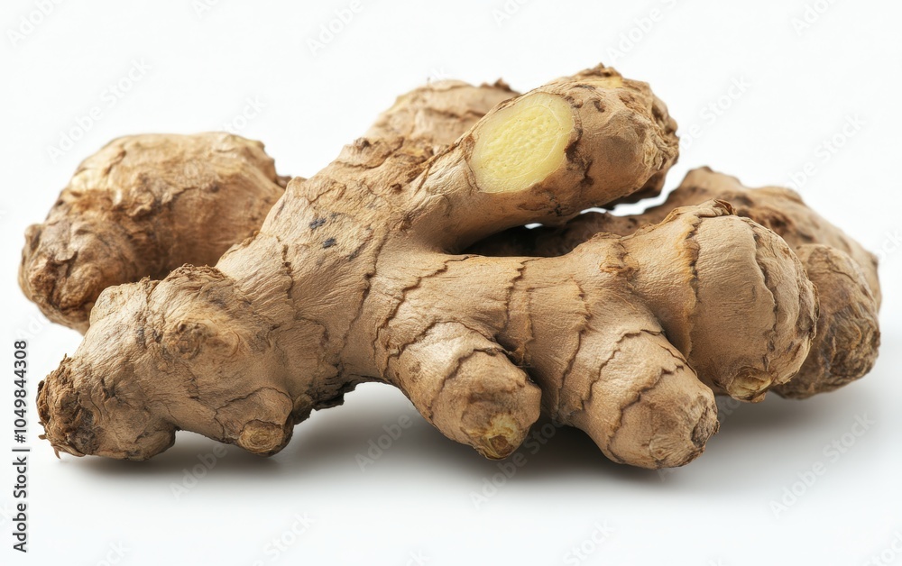 Fototapeta premium Ginger Root: A whole ginger root with its unique knobby shape, placed on a clean white background