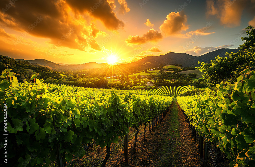 Fototapeta premium Beautiful wineyards landscape, Grape field. Vineyard hills. Summer scenery with wineyard rows 